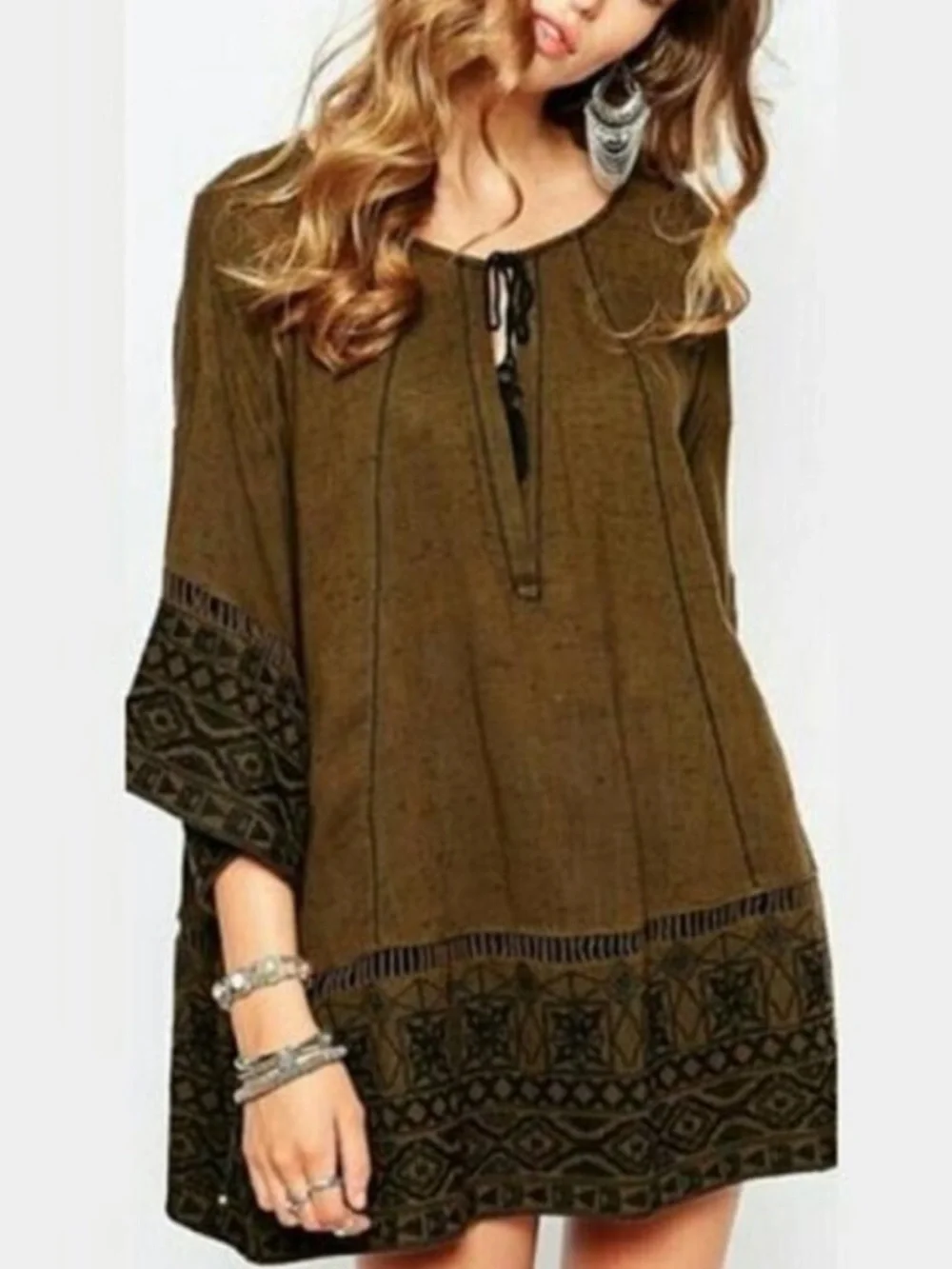 Free People Noyal Counting Stars Green Black Embroidered Bell Sleeve Tunic XS